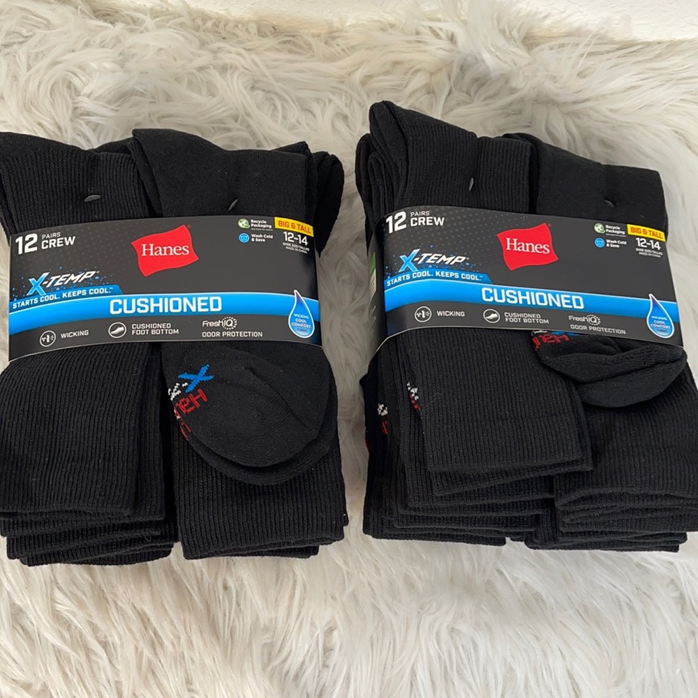 HANES 24 Pairs X-Temp Cushioned Crew Socks Big & Tall Shoe Size 12-14 Black NEW